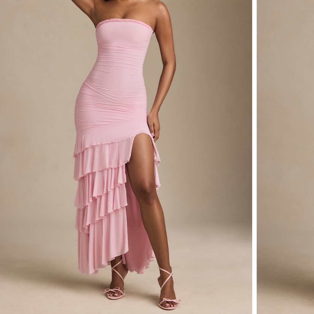 Oh Polly Pink Strapless Ruffled Cocktail Dress